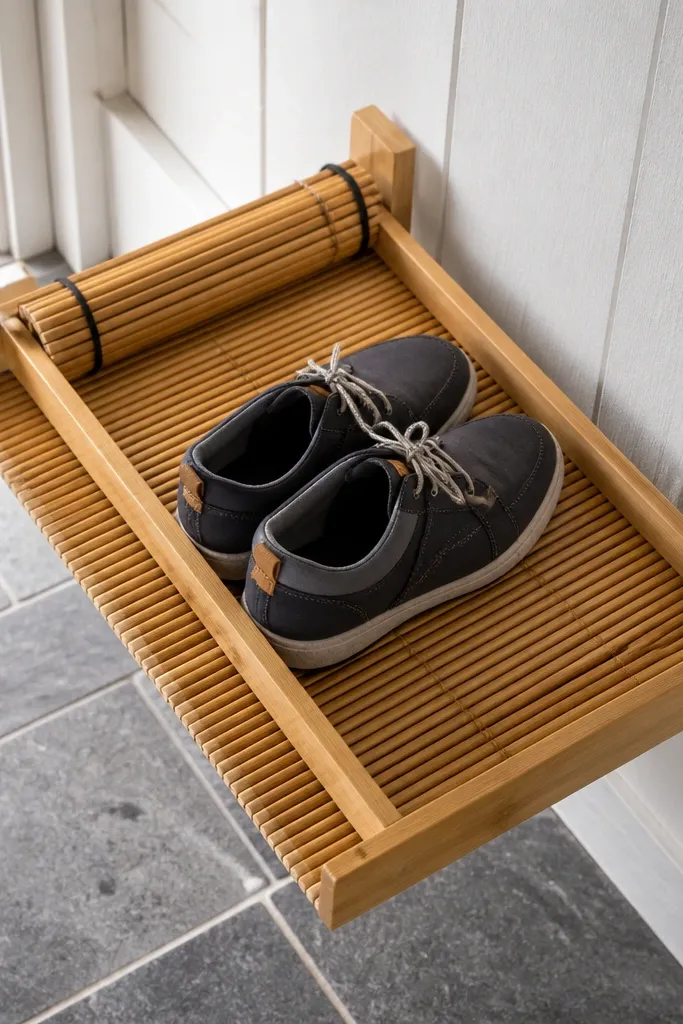 Shoe rack with bamboo roll-up mat and removable side rails