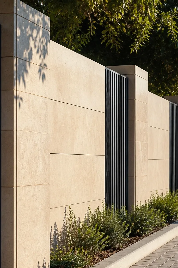 Light stone cladding wall with thin vertical dark slats and a flat coping