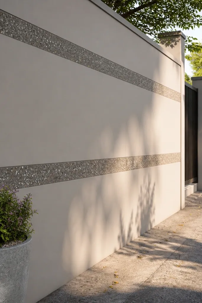 Gray smooth plaster wall with textured exposed aggregate horizontal bands and a white coping