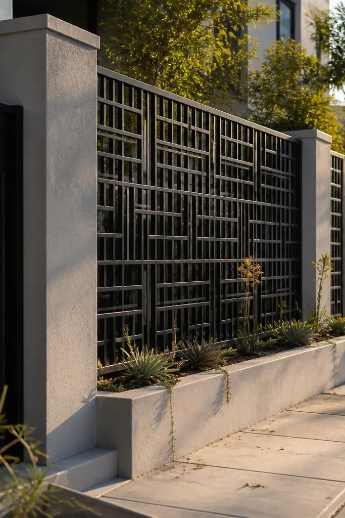 Dark metal mesh panels between light stone piers with a clean top cap