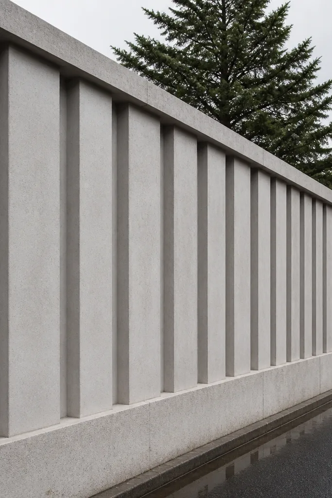 Gray wall with evenly spaced vertical concrete fins and a slightly projecting coping