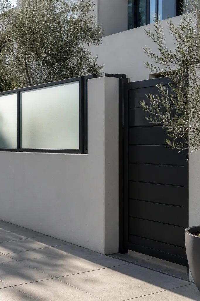 Solid lower wall topped with tall transparent glass panels and matching metal frames