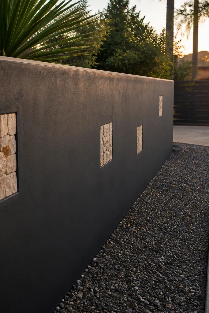 Deep charcoal plaster wall with scattered small stone mosaic insets and a light coping