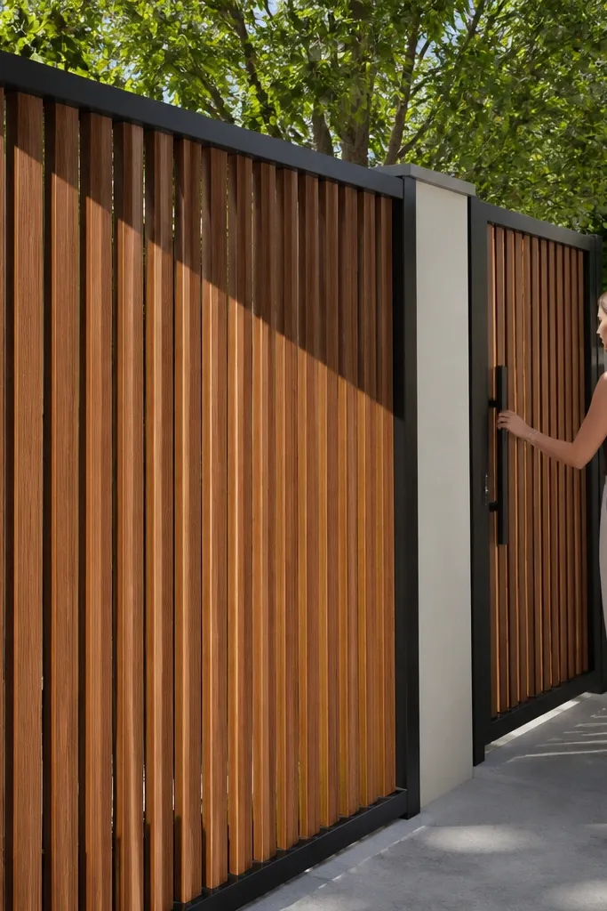 Timber-look vertical slats bordered by dark metal with a simple flat top cap
