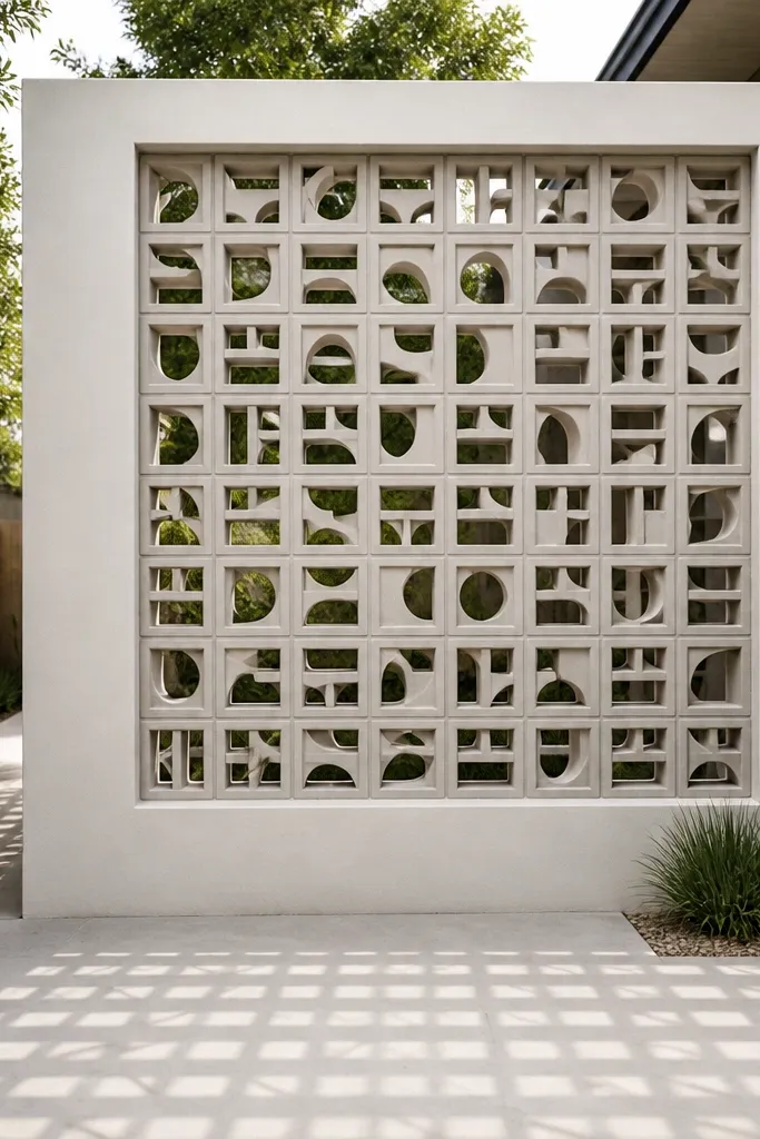 Breeze blocks arranged in pattern with clean plaster borders and a flat coping