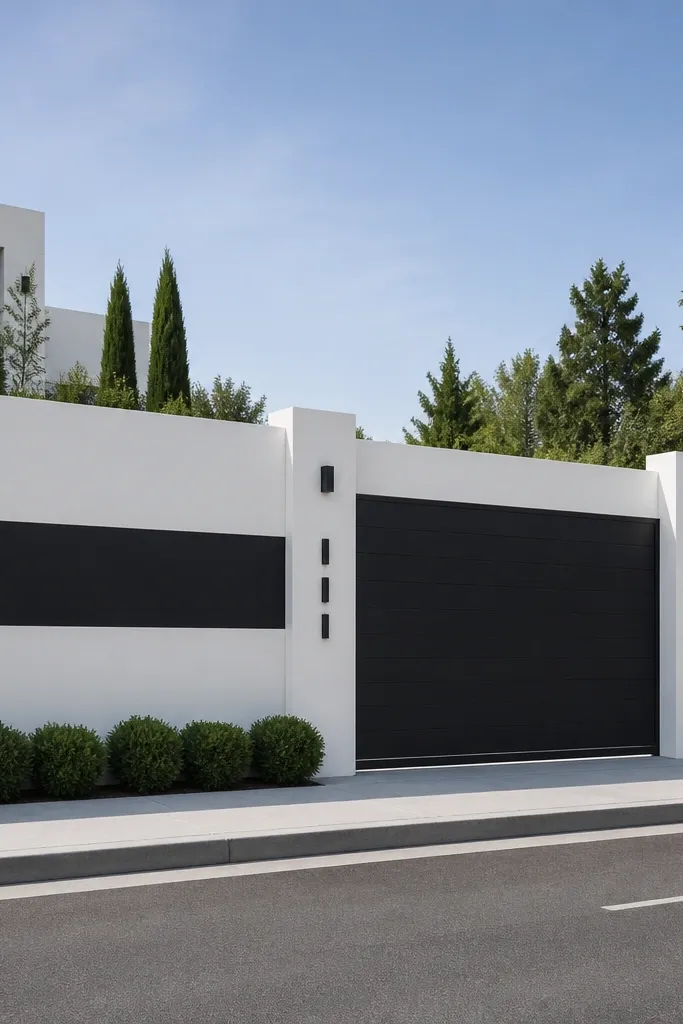 Clean white wall with two dark horizontal bands and minimal coping