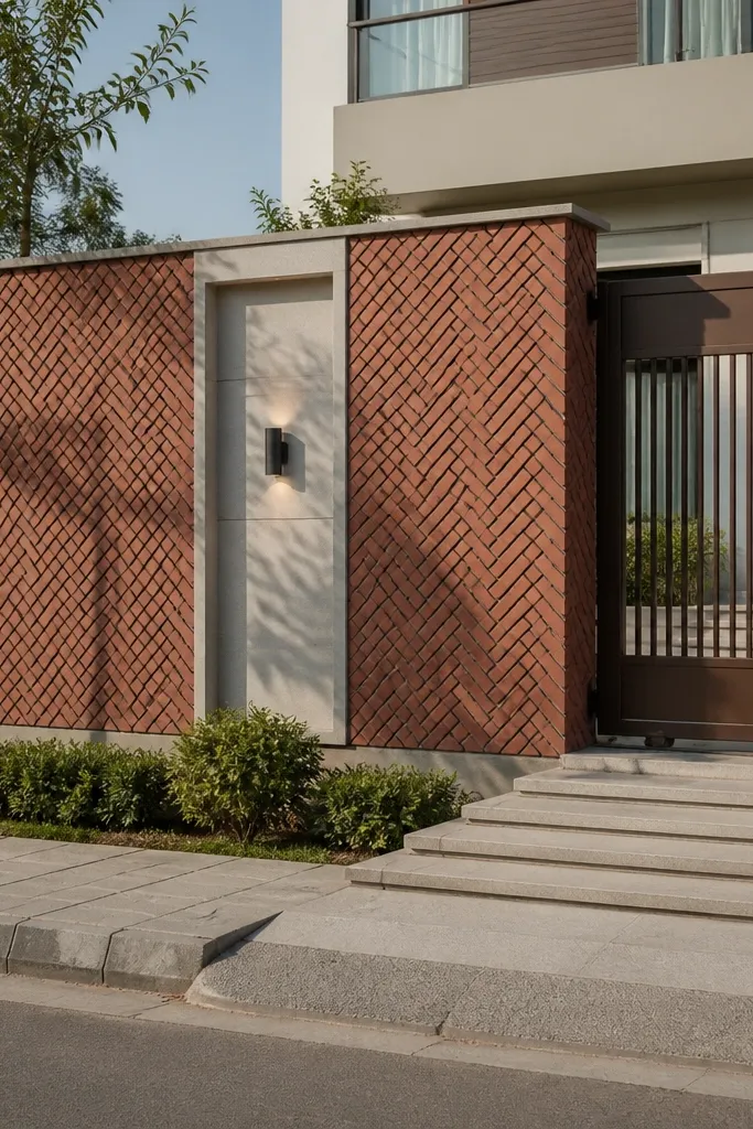 Brick herringbone wall with a centered vertical panel and dark coping