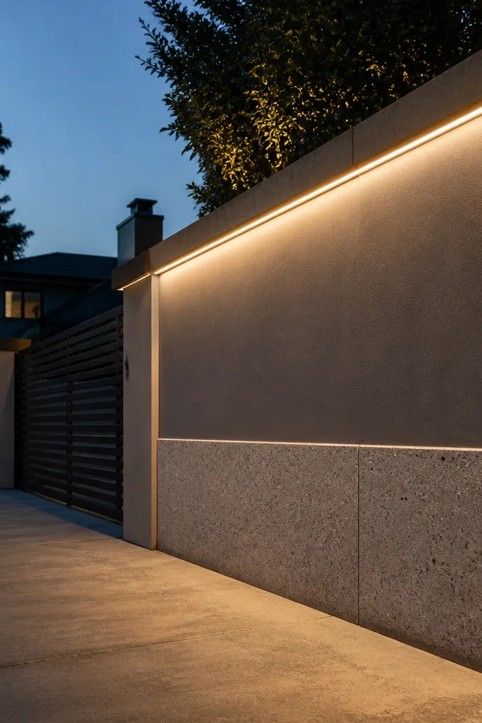 Wall coping with recessed thin LED channel lines along the top edge
