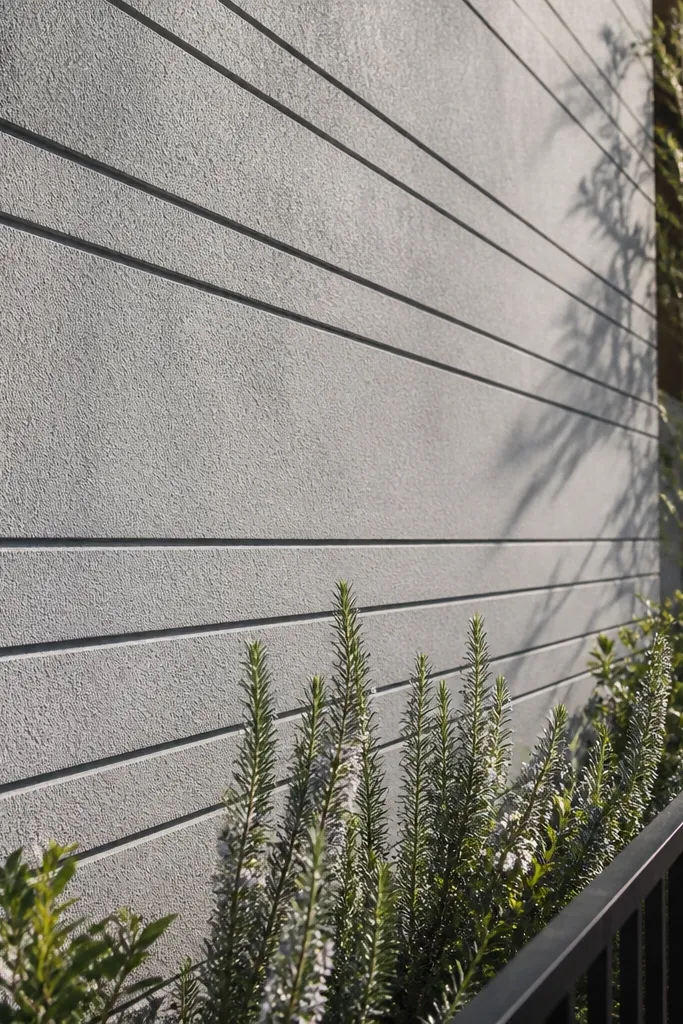 Light gray wall with raked plaster texture and thin horizontal grooves