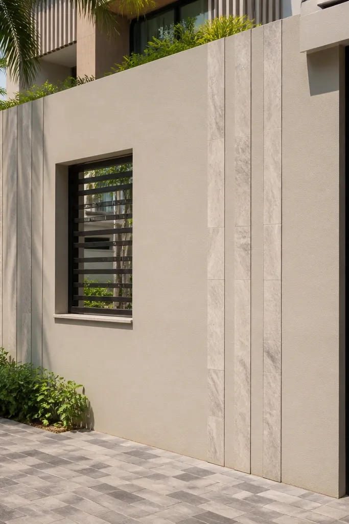 Solid gray base wall with vertical strips of stone tile and a flat coping cap