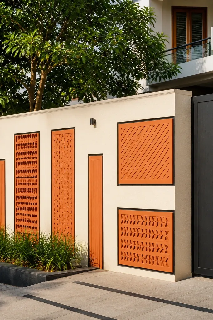 Terracotta panel sections with thin dark lines on a light wall and a stone coping