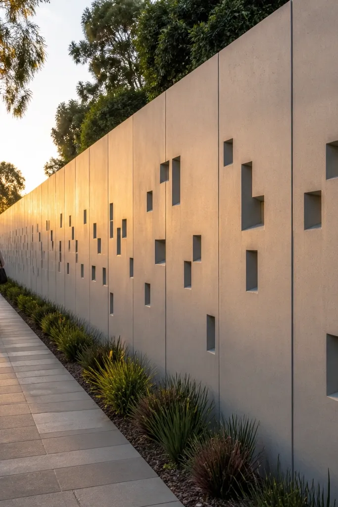 Concrete compound wall with geometric precast panels and repeating cutouts