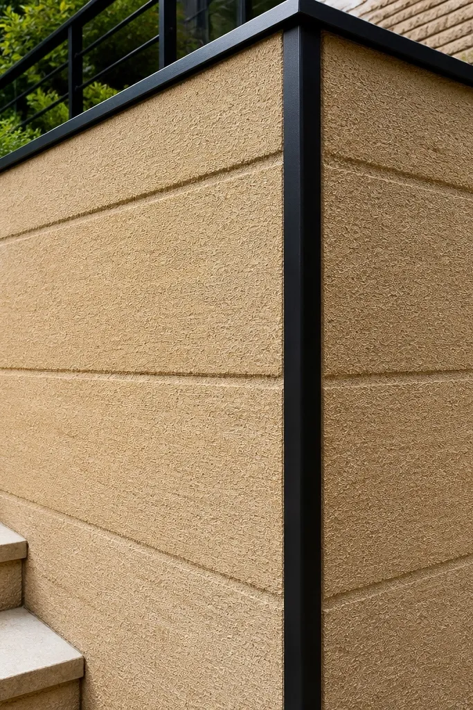 Sandstone textured wall with dark metal bands at corners and clean coping