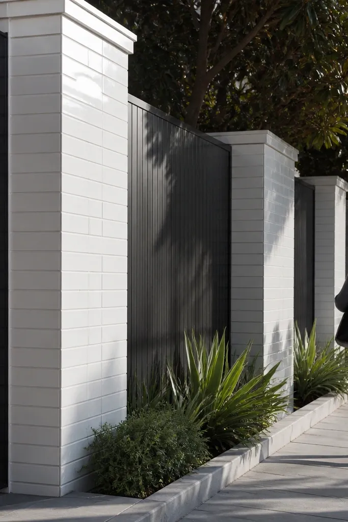 White tiled piers with dark panels in between and a simple straight coping