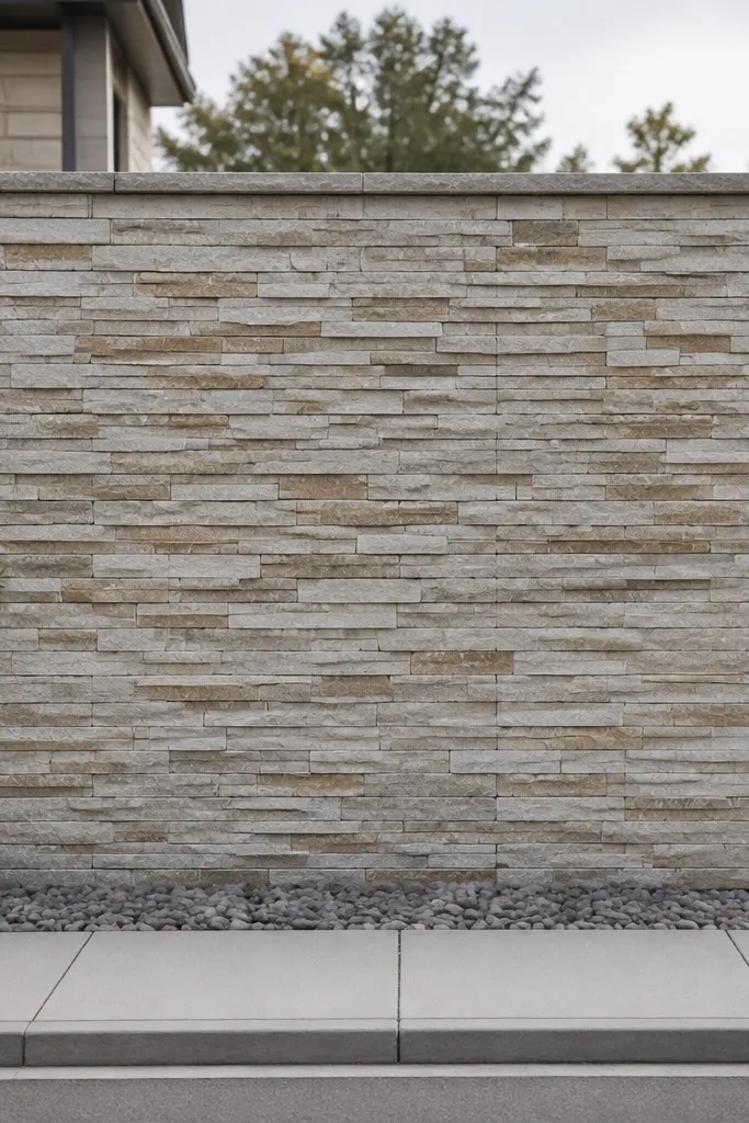 Stacked stone veneer wall with straight mortar lines and dark coping