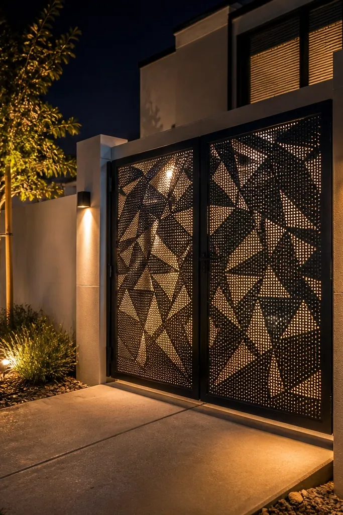 Perforated metal sheet wall with geometric holes and solid border frames