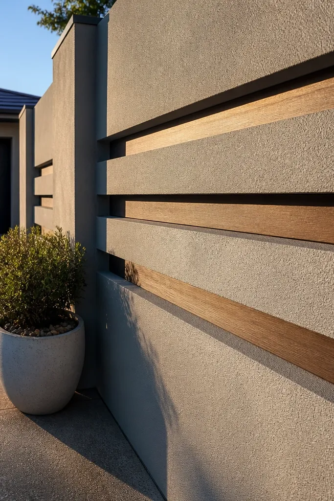 Recessed horizontal timber-look slats in a shadow-box grid with a stone cap