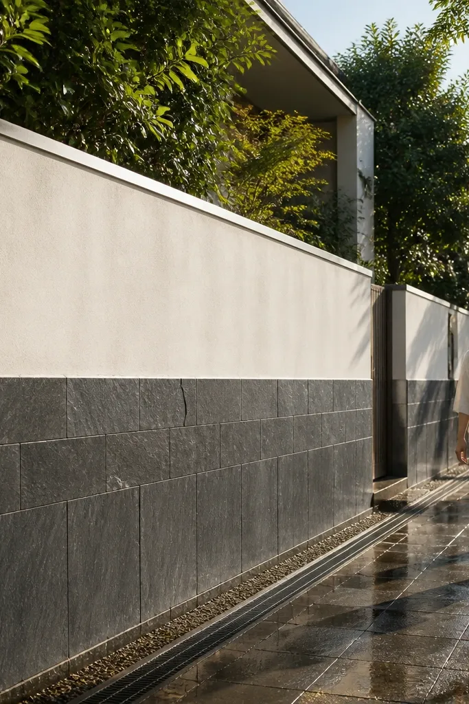 Dark stone lower section and light cladding upper section with matching coping