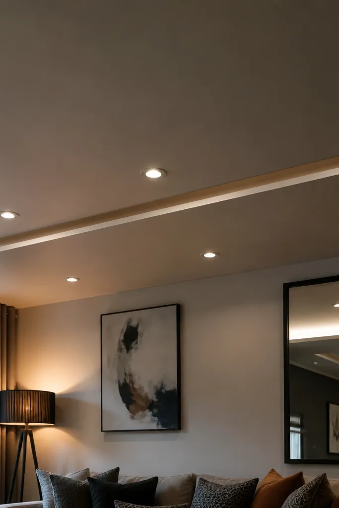 Living room ceiling with a uniform false ceiling drop and low-looking height