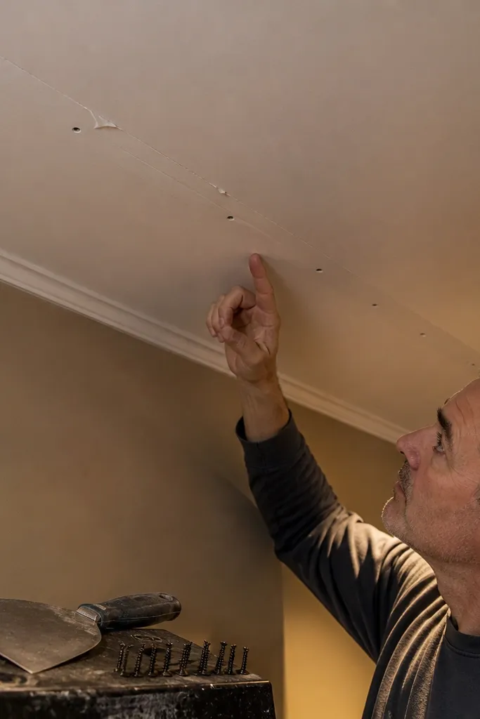 Gypsum board ceiling with uneven screw spacing and slight dimpling