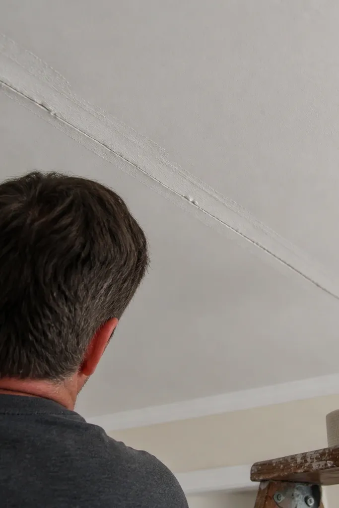 Ceiling seam with visible crack line along taped joint