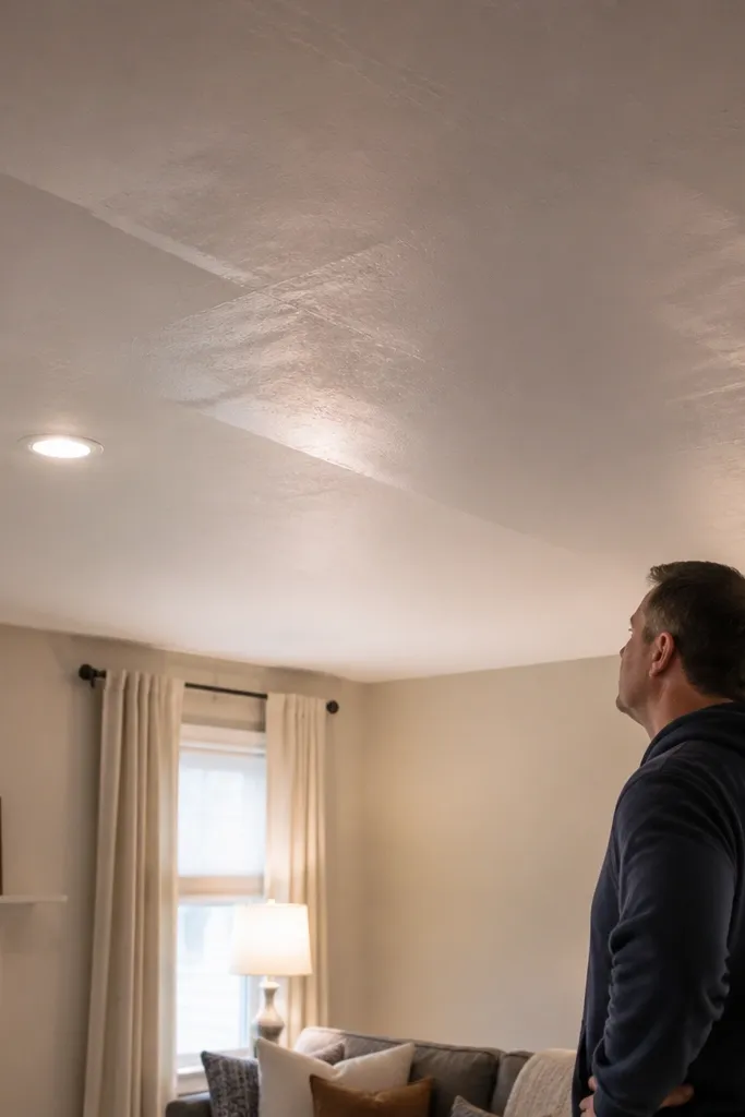 False ceiling with shiny spots and uneven sheen after lighting is on