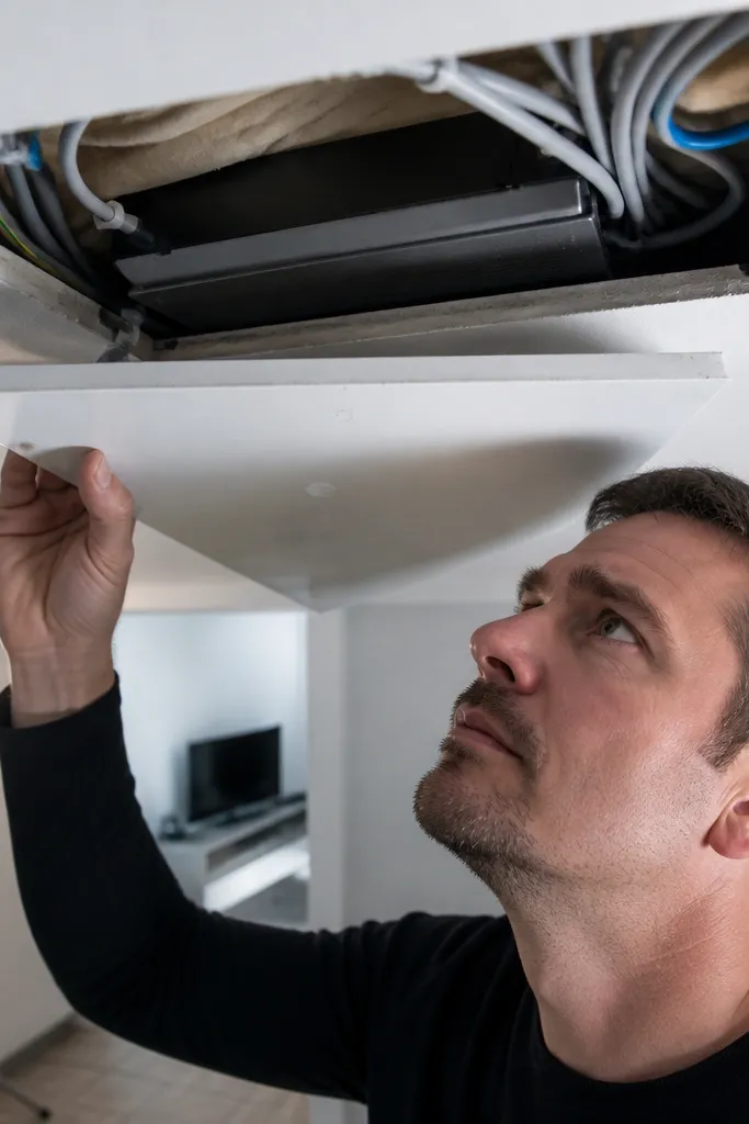 Ceiling cavity with messy wiring and driver boxed without ventilation