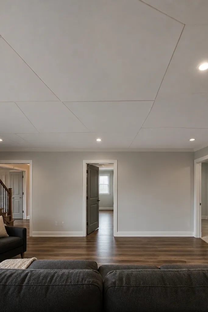 False ceiling with seams that run in different directions and look misaligned