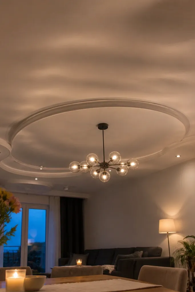 False ceiling with thick ornamental sections trying to cover slab dips