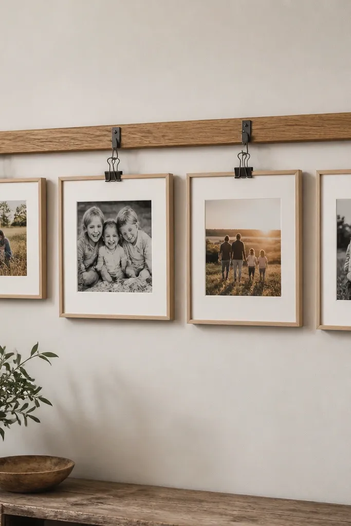 A long oak rail mounted to a wall with evenly spaced small metal brackets. Four small frames hang from the rail using black binder clips, each frame holding a family photo with a cream mat. The photos alternate between color and black-and-white.