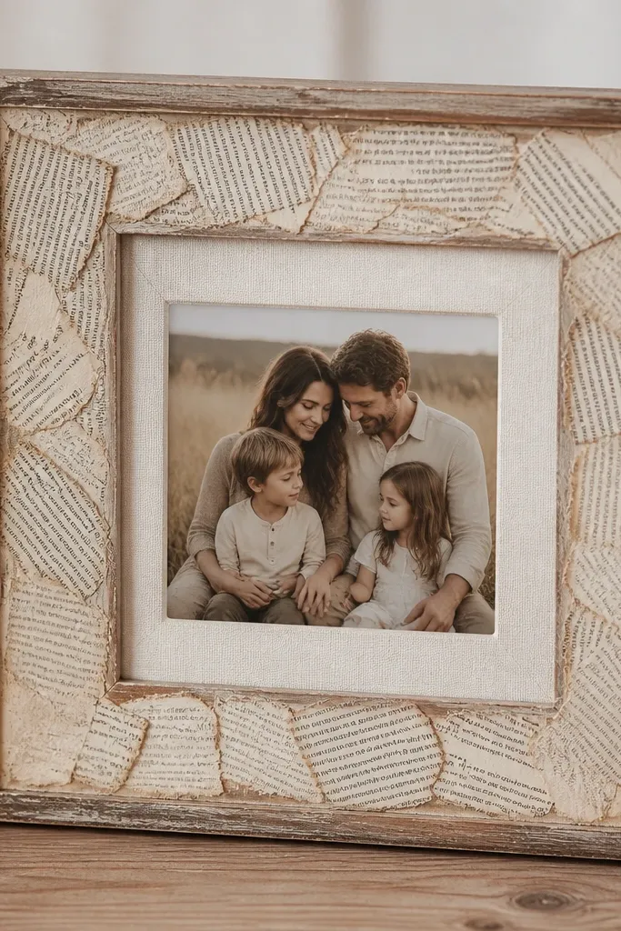 A worn wooden frame covered with torn book pages around the inner border. The center holds a family photo under a textured linen mat in off-white. The edges are sealed with a soft satin finish, showing slight paper texture.