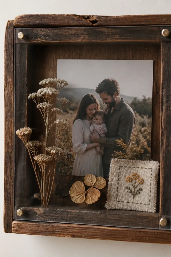 A shallow shadow box made from uneven scrap wood, stained dark brown. Inside, there's a family photo mounted on the back panel, with small dried flowers and a tiny stitched fabric square placed in front. The glass front is acrylic with spacers.