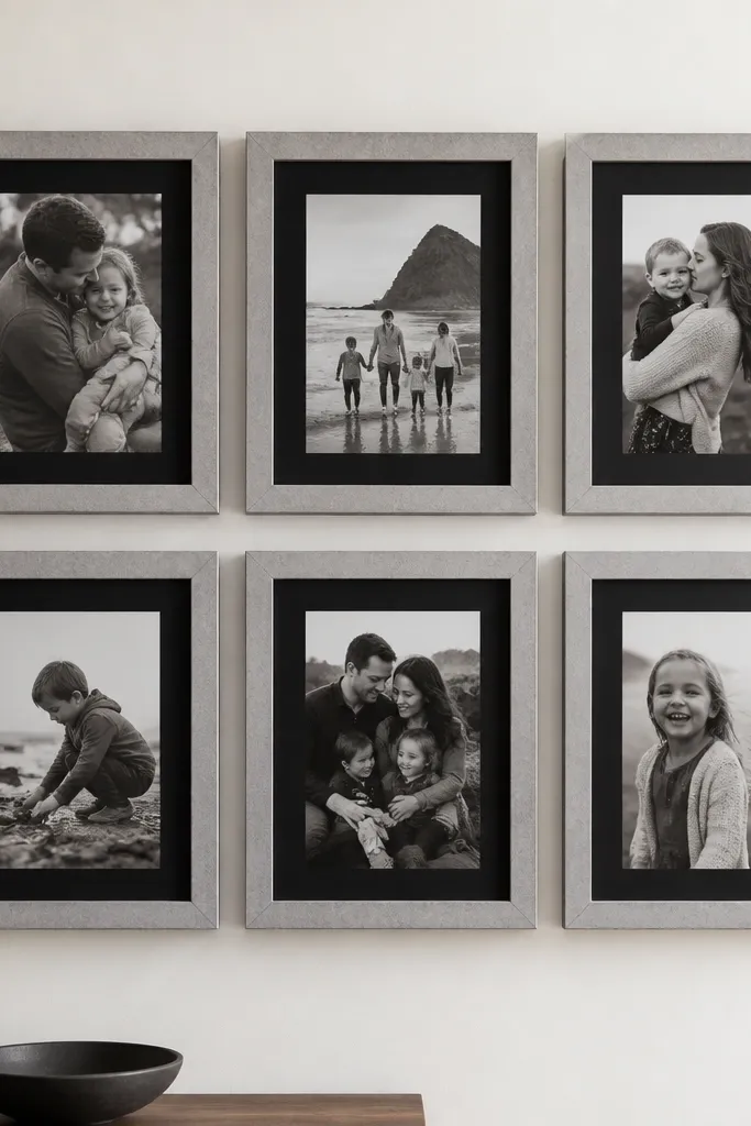 A set of matching rectangular frames sprayed in a gray concrete texture finish. Each frame holds a black-and-white family photo with a black mat border. The frames are arranged in a grid on a light wall.
