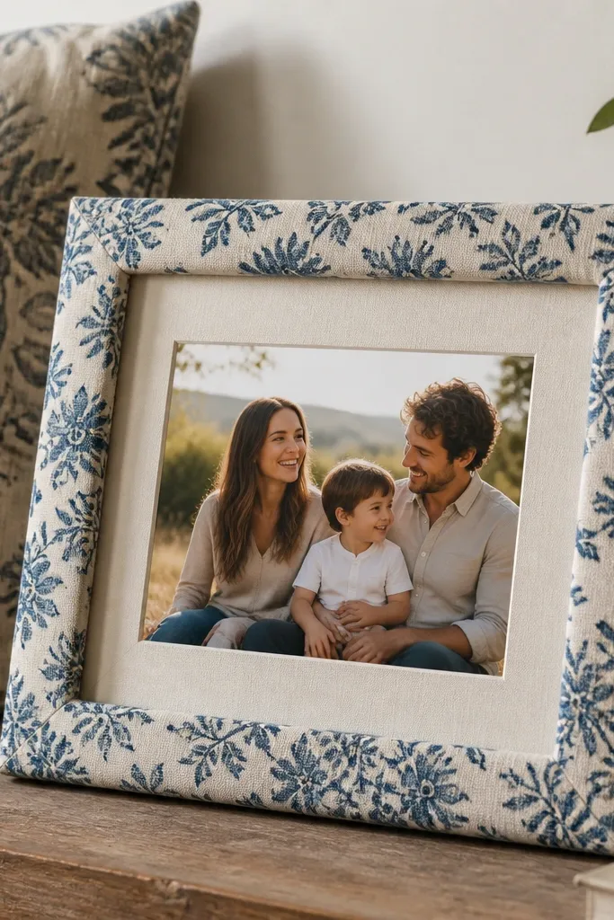 A wooden frame wrapped in a patterned cotton fabric, with the inner window lined in off-white backing. A family photo sits under a simple mat that matches a nearby sofa pillow fabric. The frame corners are neatly folded and stapled on the back.