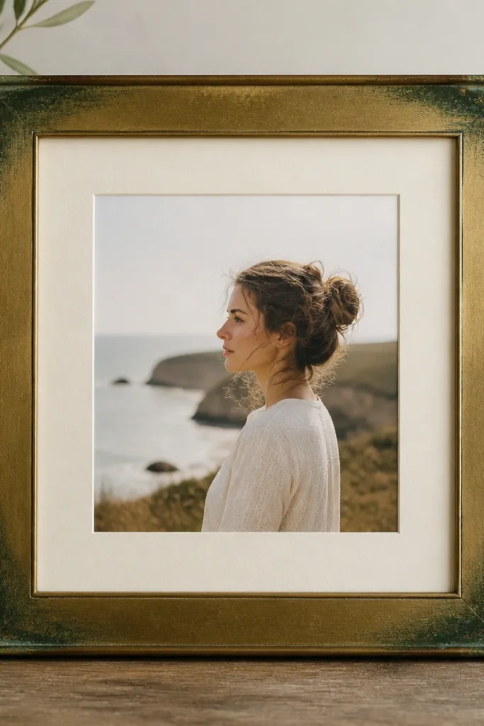 A brass-toned frame with darker green patina along the edges and corners. The photo sits in the center with a pale cream mat. The patina looks intentional and concentrated near the corners.