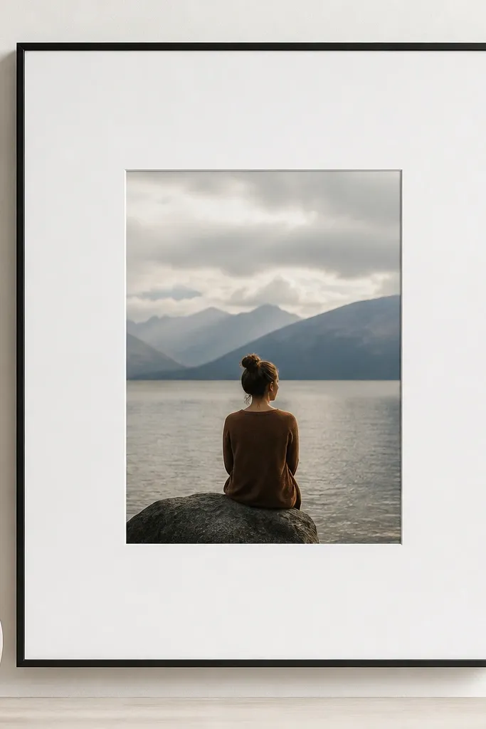 A minimal frame with no decorative wood. The photo is centered under a thick white mat board border, about 3 inches wide. The frame sits in a simple black metal border with clean corners.