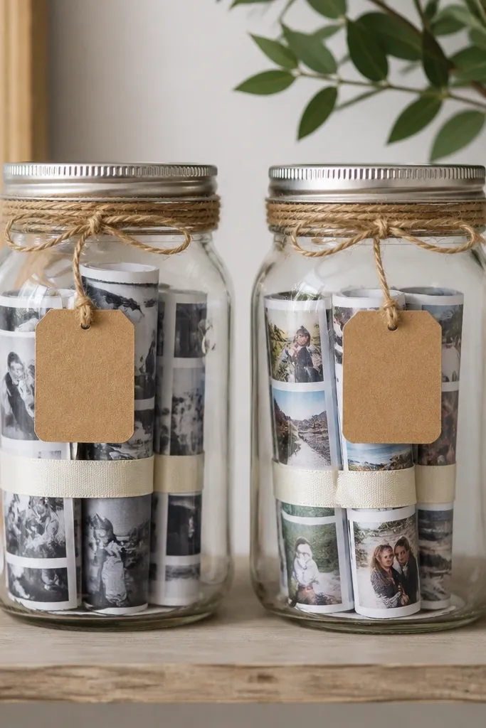 Two clear mason jars on a shelf. Inside each jar, small photo strips are rolled and held flat with ribbon. The jars have twine wrapped around the lids, and a small label tag sits on the front.