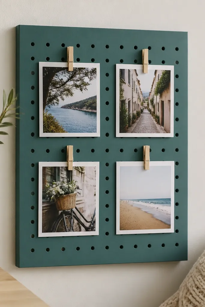 A small painted pegboard panel mounted on the wall with four photos clipped using mini clothespins. The pegboard is painted matte teal, and each photo has a white paper backing behind it.