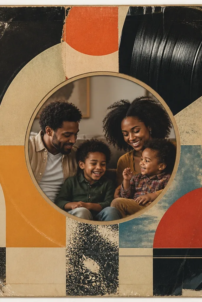 A square frame made from an old record sleeve collage. In the center, a circular mat mimics a vinyl label, with a family photo inside the circle. The outer sleeve edges look slightly worn and sealed.
