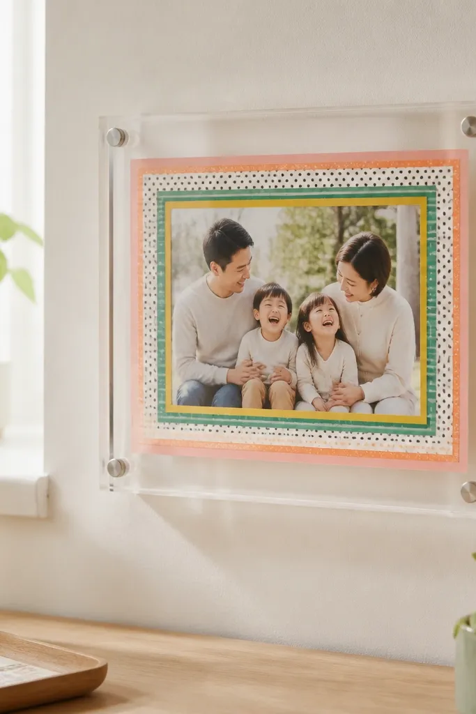 A clear acrylic frame with a family photo inside. The edges of the photo opening have a border made from layered washi tape in stripes and small polka dots. The frame is mounted in a bright spot above a desk.
