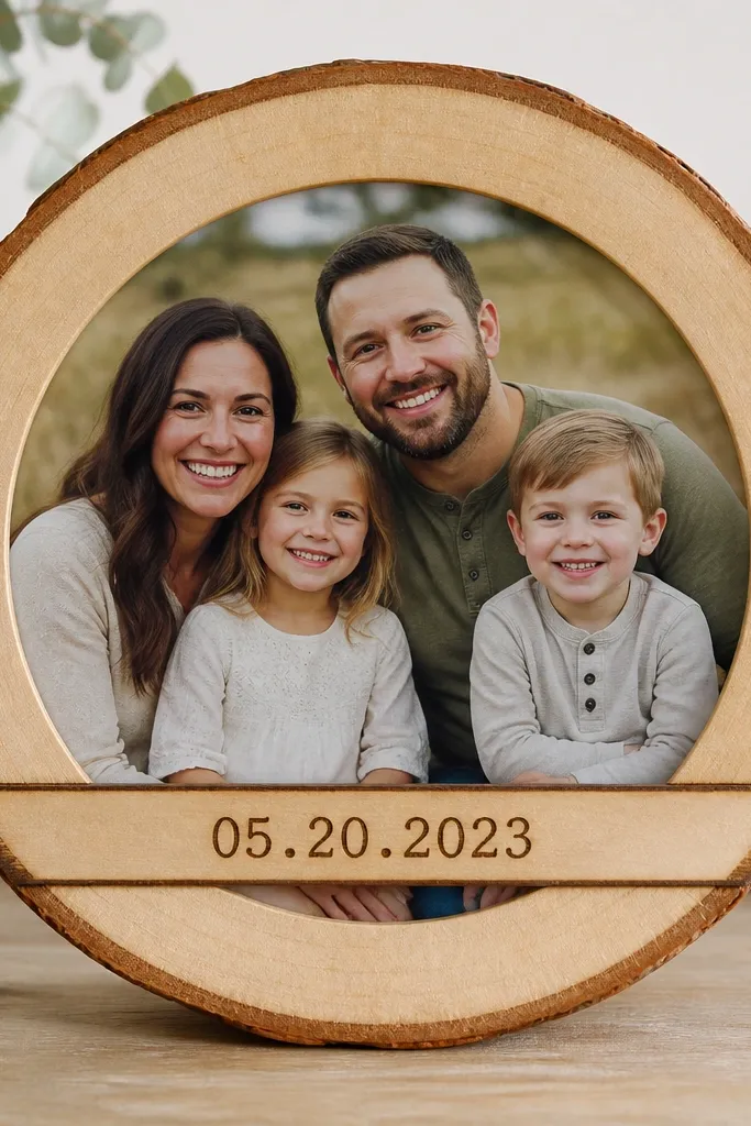 A circular wood slice used as a frame border around a family photo. A small strip in the center has burned lettering showing a date. The edges are sanded smooth and finished with clear satin.