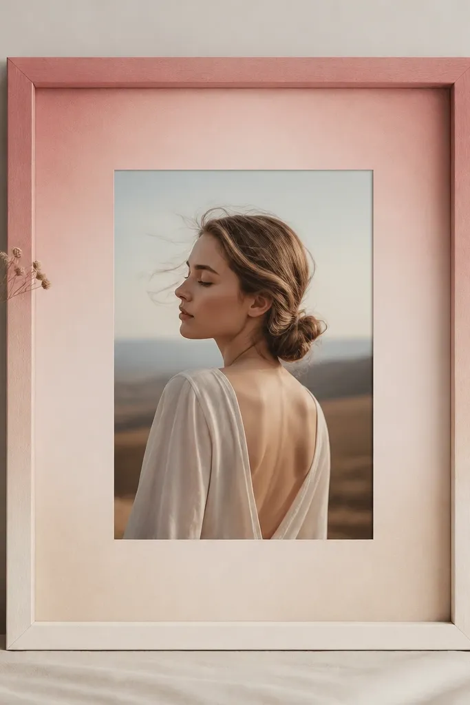 A rectangular frame painted in an ombre from dusty rose to cream. The mat board has a faint matching ombre wash behind the photo opening. The photo looks like it's floating over a soft color field.