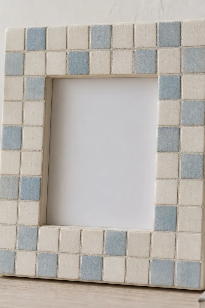 A chunky photo frame covered with small square tile pieces in off-white and pale blue. The tile is set along the outer border, leaving the center clean for a family photo. Light gray grout lines form a grid around the edges.