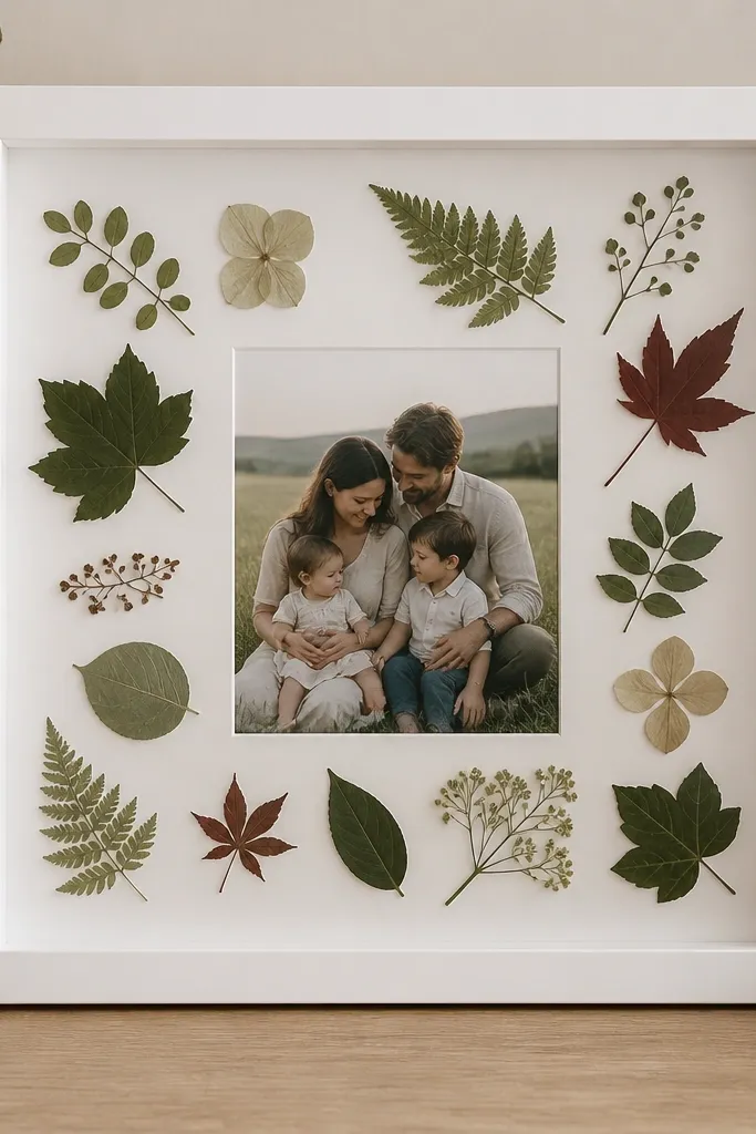 A white-backed frame with pressed leaves arranged around a central family photo. The leaves are sealed flat under clear acrylic, and the frame is painted matte white. The edges are crisp and the leaves look carefully spaced.