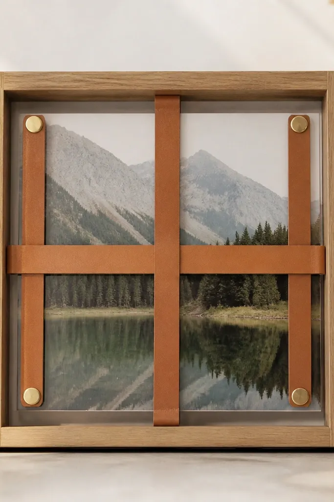 A simple wood frame with a tan leather strap stretched across the front in a cross pattern. Small brass snaps attach the strap ends at the corners. The photo sits centered behind clear acrylic.