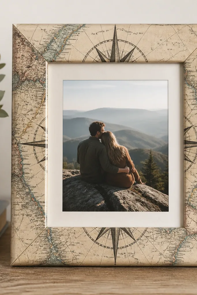 A frame wrapped in vintage map print paper with a compass rose motif centered behind the photo. The photo sits on a cream mat. The frame corners are wrapped neatly, and the edges look sealed with satin varnish.