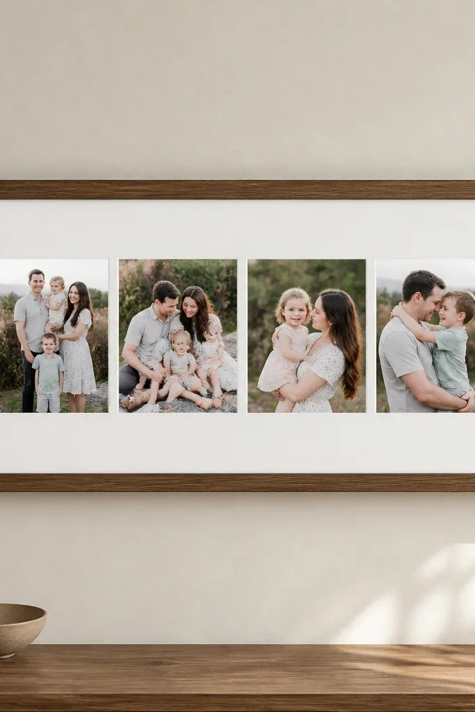 A large rectangular frame with a wide mat. Instead of one photo, there's a horizontal strip of four mini family portraits. The mat background is white and the strip has small spacing between each mini photo.