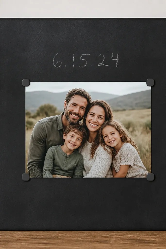 A frame painted matte chalkboard black with a centered family photo. Around the photo, small magnetic corners hold the photo in place. A faint white chalk date sits above the photo.