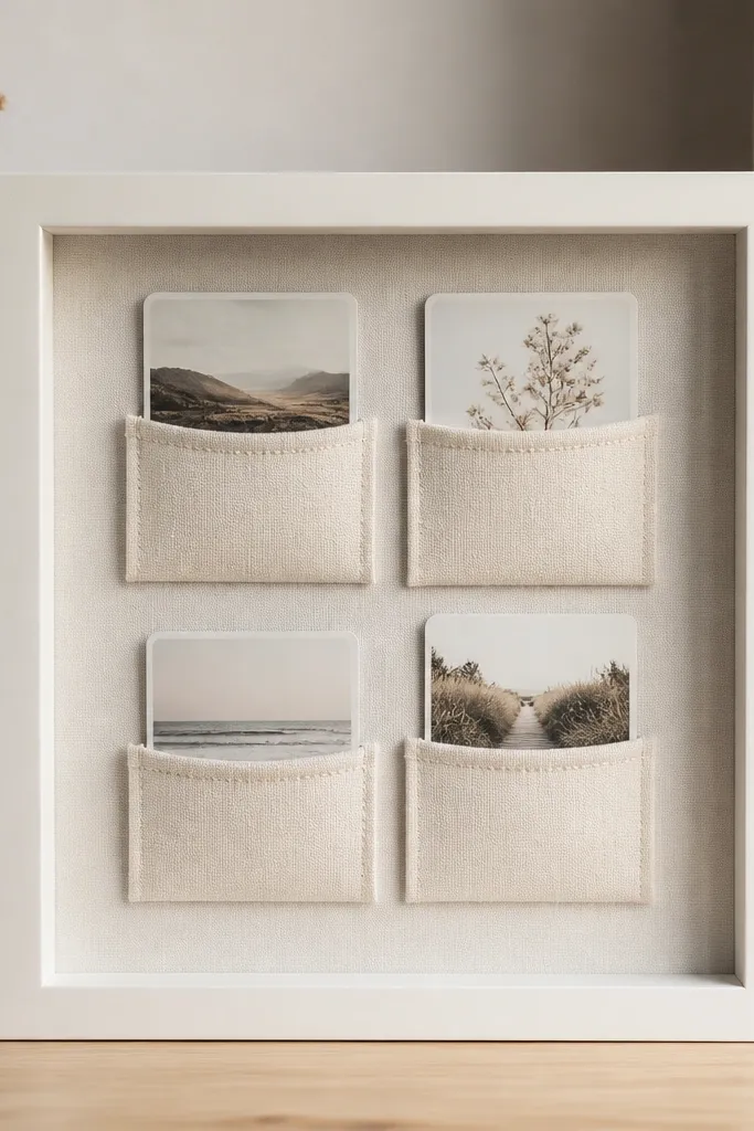 A square shadow box with a fabric pocket layout on the inside. Four fabric pockets hold small photo cards, each pocket stitched with matching thread. The front has clear acrylic and the frame is painted off-white.