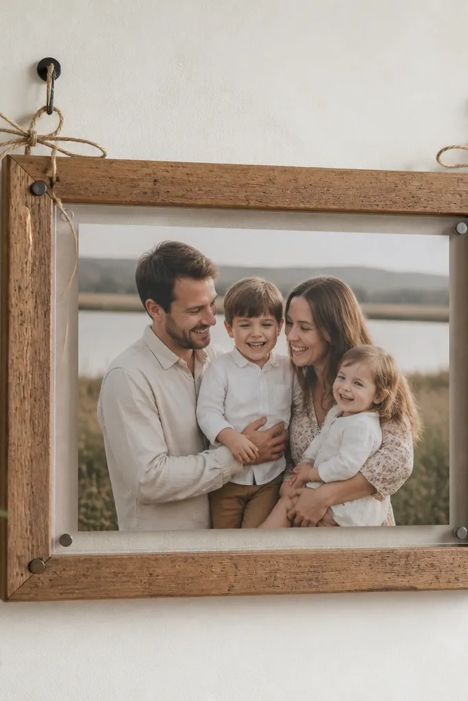 A rustic wooden frame stained light walnut with a slight speckled texture. A family photo sits centered under clear acrylic. Twine bows are tied at the top corners, and the frame hangs from two small hooks.